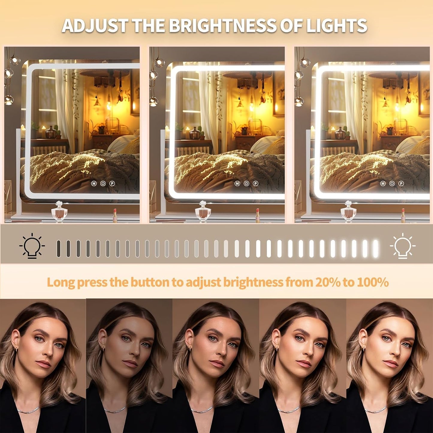 Hasipu Vanity Mirror with Lights, 34.3" x 25.2" LED Makeup Mirror, Light up Mirror with 10X Magnification and Phone Holder, USB Charging Port, Smart Touch 3 Colors Dimmable (White)