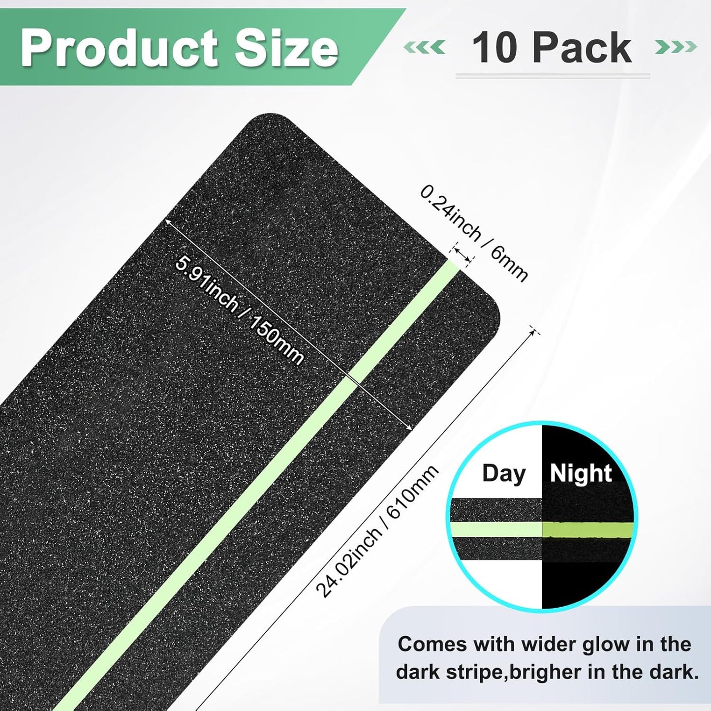 10-Pack Anti Slip Traction Tape 24" x 6" Best Grip Tape Grit with 6mm/0.24" Glow in Dark Stripe High Traction Friction Abrasive Adhesive for Indoor/Outdoor Stairs[Black+Green]