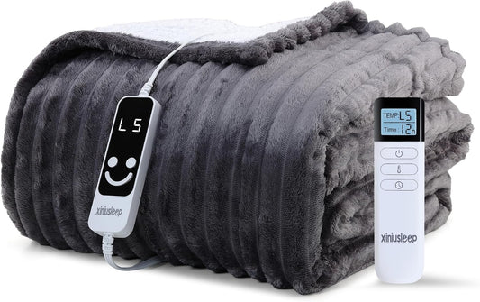 Heated Blanket Electric Blanket 50"x60", Soft Flannel Sherpa Electric Throw with 5 Heating Level & 12 Times Setting, Heated Throw with Overheating Protection, Machine Washable (Grey)