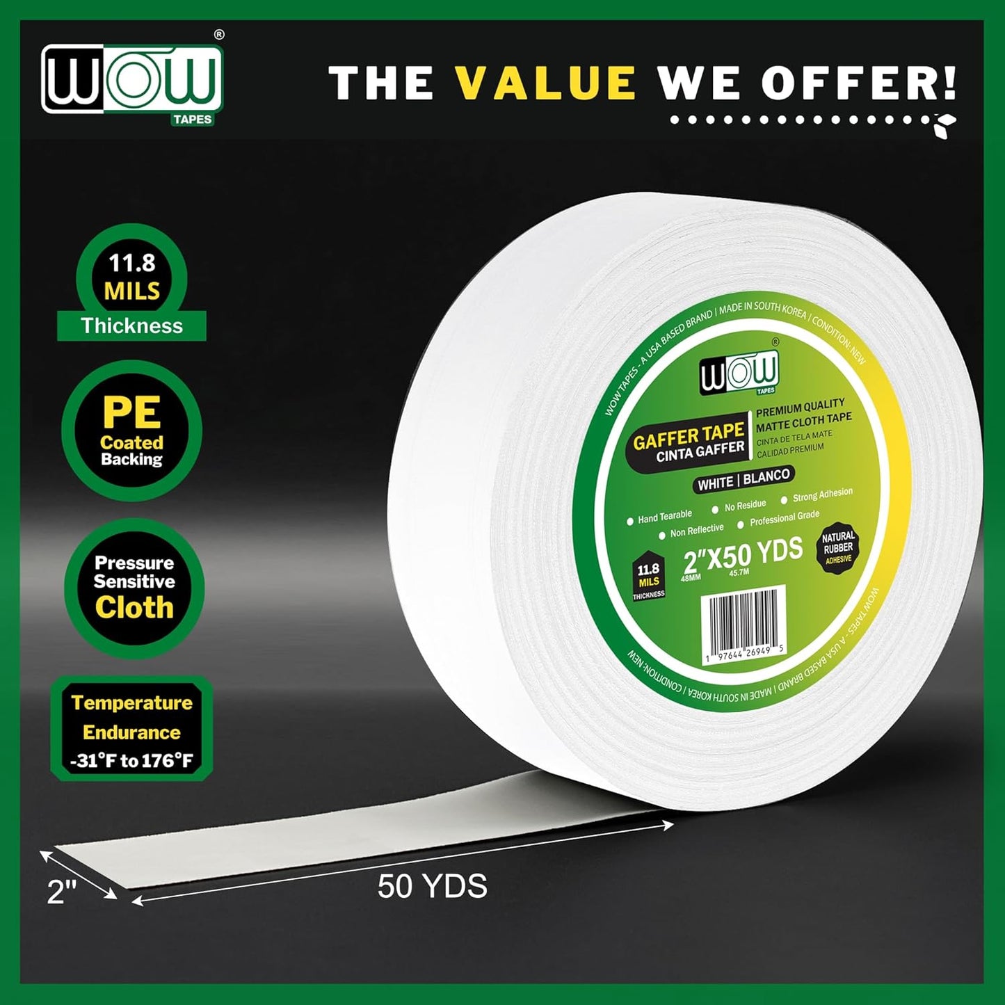 Wow Gaffers Tape 2 Inch White - 50 Yards (Pack of 2), Residue Free, Non-Reflective & Heavy-Duty - Professional Grade Gaff Tape - Ideal for Photography Backdrop, Cables, Cords & Floor Taping