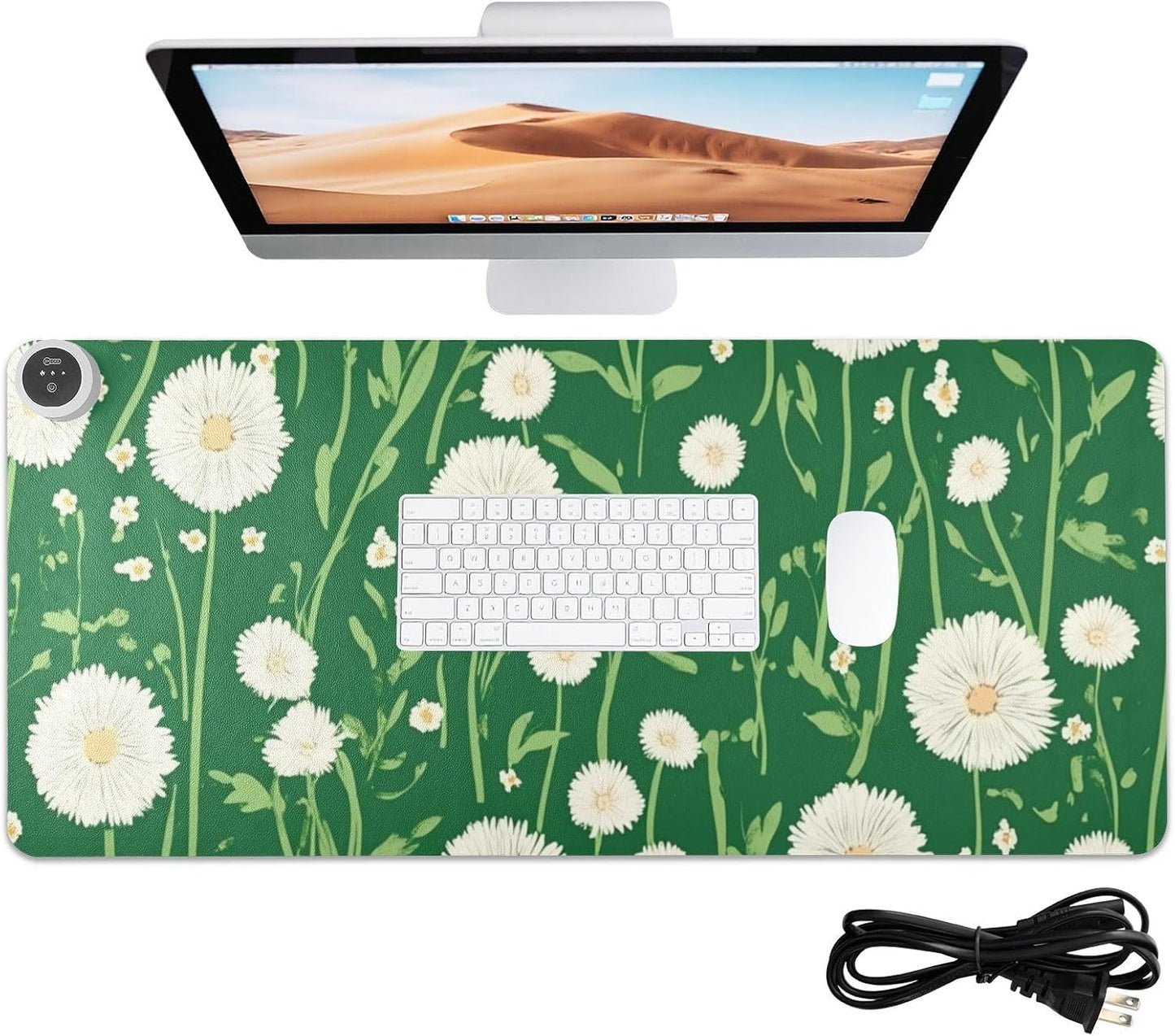 Heated Desk Pad Mouse Pad 31.5x13 Inch PU Leather Desk Mat with 3 Heat Levels Large Mouse Gaming Computer Laptop Mat Green Dandelion and Daisy
