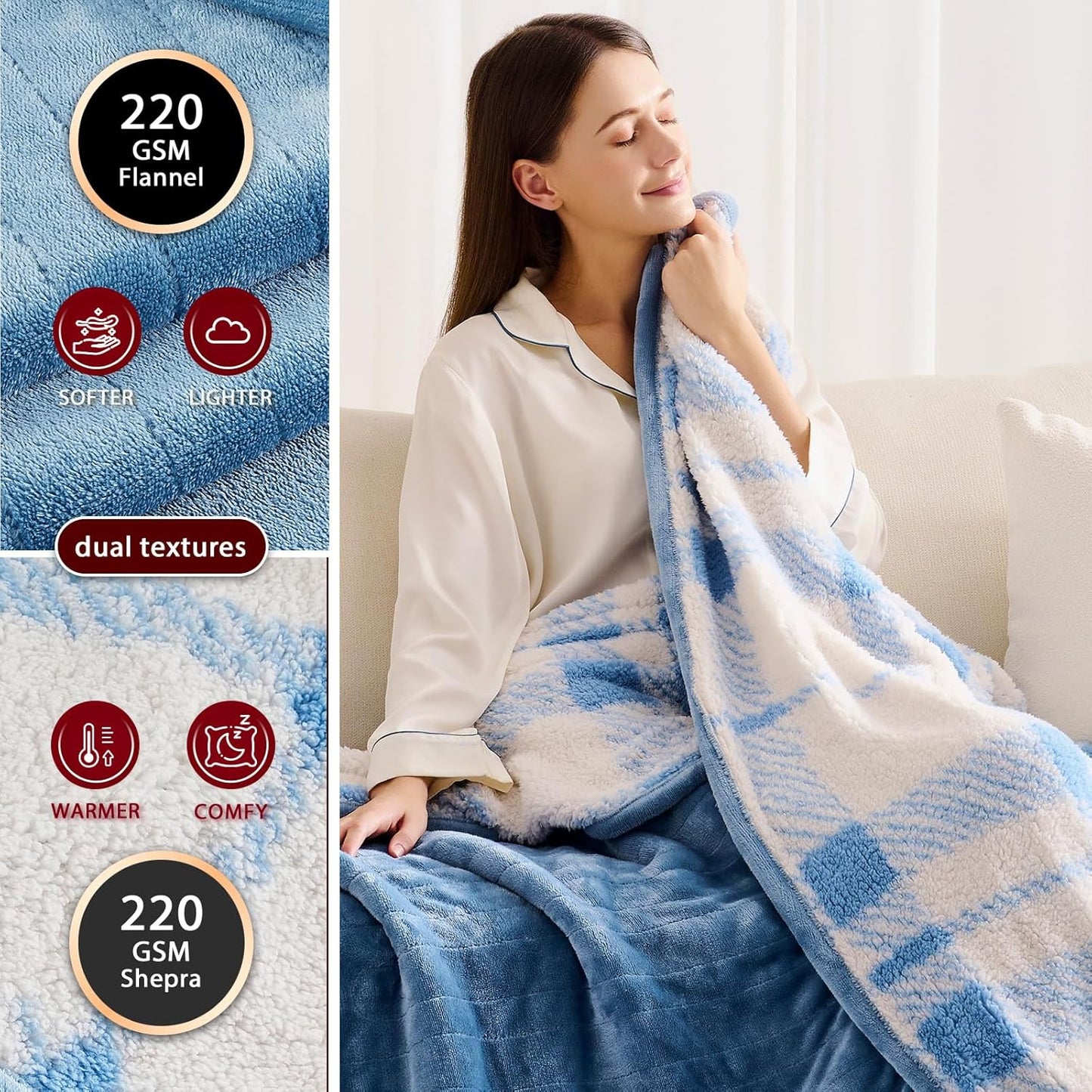 Heated Electric Blanket Throw Size - 50"x60" Flannel Heating Blanket with 10 Heating Levels & 5 Time Settings Over-Heat Protection, Winter Warmer for Adults with ETL Certification（Light Blue）
