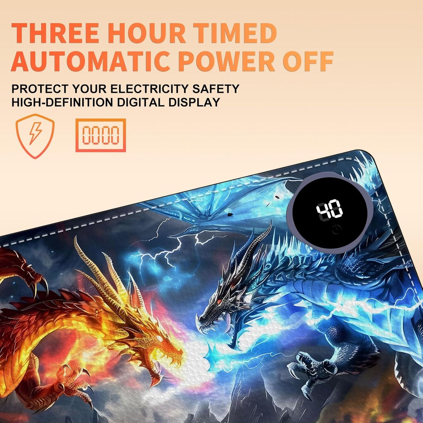Heated Mouse Pad, Warm Desk Pad, Keyboard Mat 23.6 x 14 Inch Large Size Intelligent Fast Heating, 3 Speed Adjustable, Timed Auto Power Off for Game Office Home, Dragons Gather