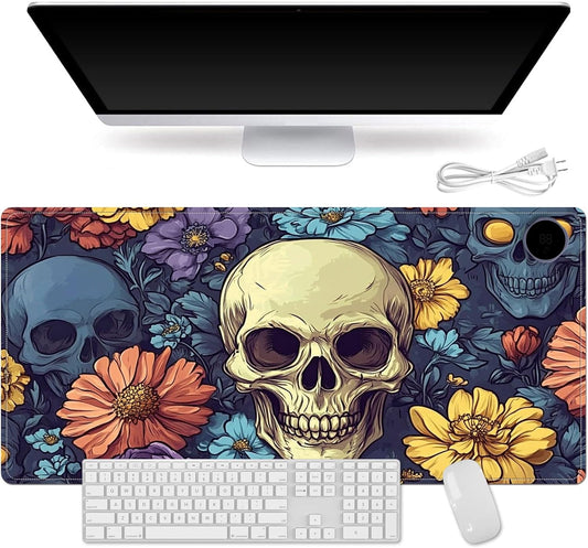 Heated Mouse Pad for Desk 31.5" x 13" – PU Leather Warm Desk Pad with 3 Heat Levels (104°F/113°F/122°F), Plug-in Electric Heating Mat with Auto Shut-Off, Waterproof & Rollable, Floral Skull