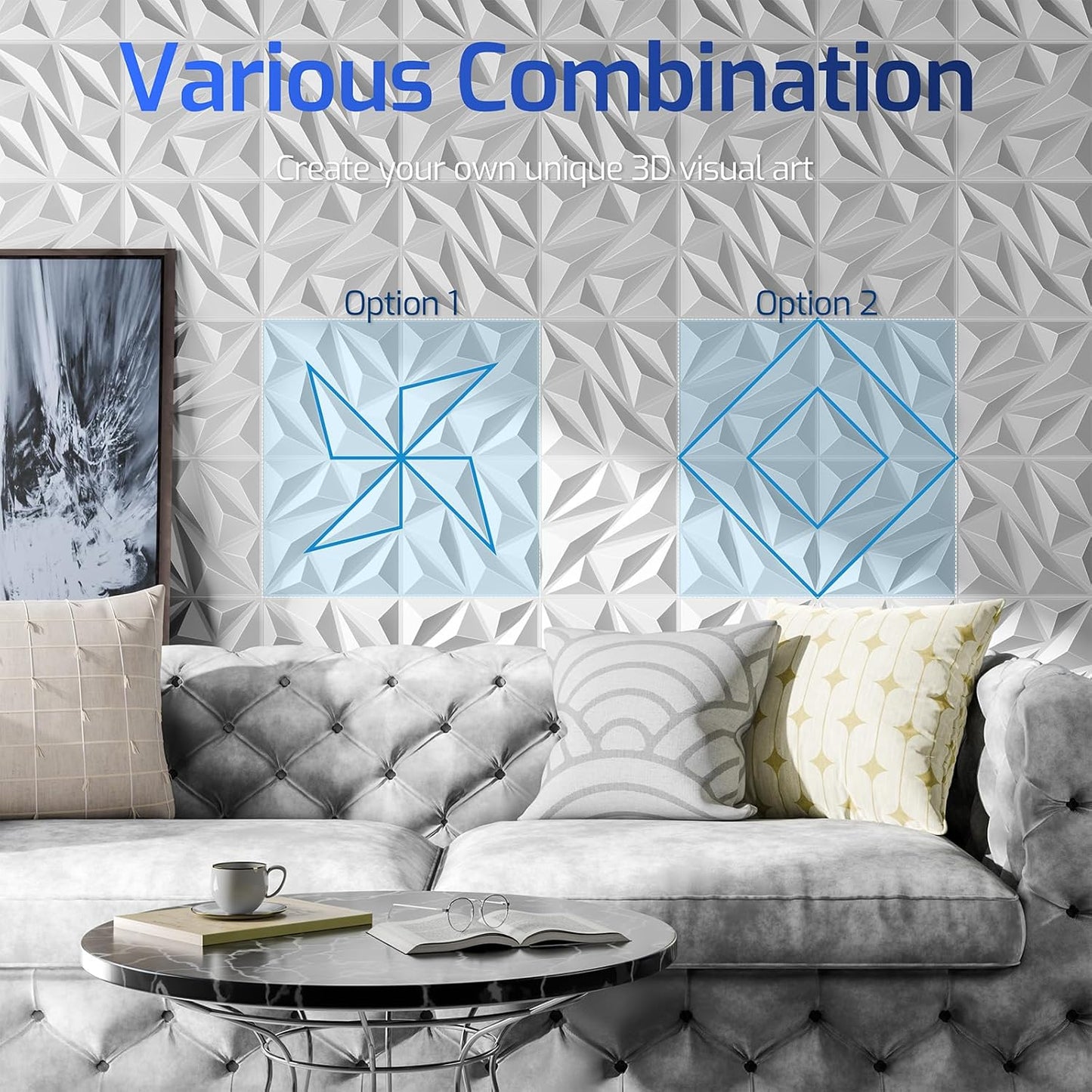 16 Pack White 3D Wall Panels for Interior Wall Decor, 11.8'' x 11.8'' Decorative Wall Panels, Accent Wall Panels, 3D Diamond Design Wall Decor for Living Room, Bedroom, Gaming Room