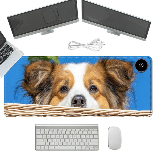 Heated Mouse Pad with 3 Temperature Settings(104°F–122°F),Large 31.5x13 Inch PU Leather Heated Desk Mat,Waterproof Warming Pad for Office,Gaming & Cold Hands Relief,Cute Dog