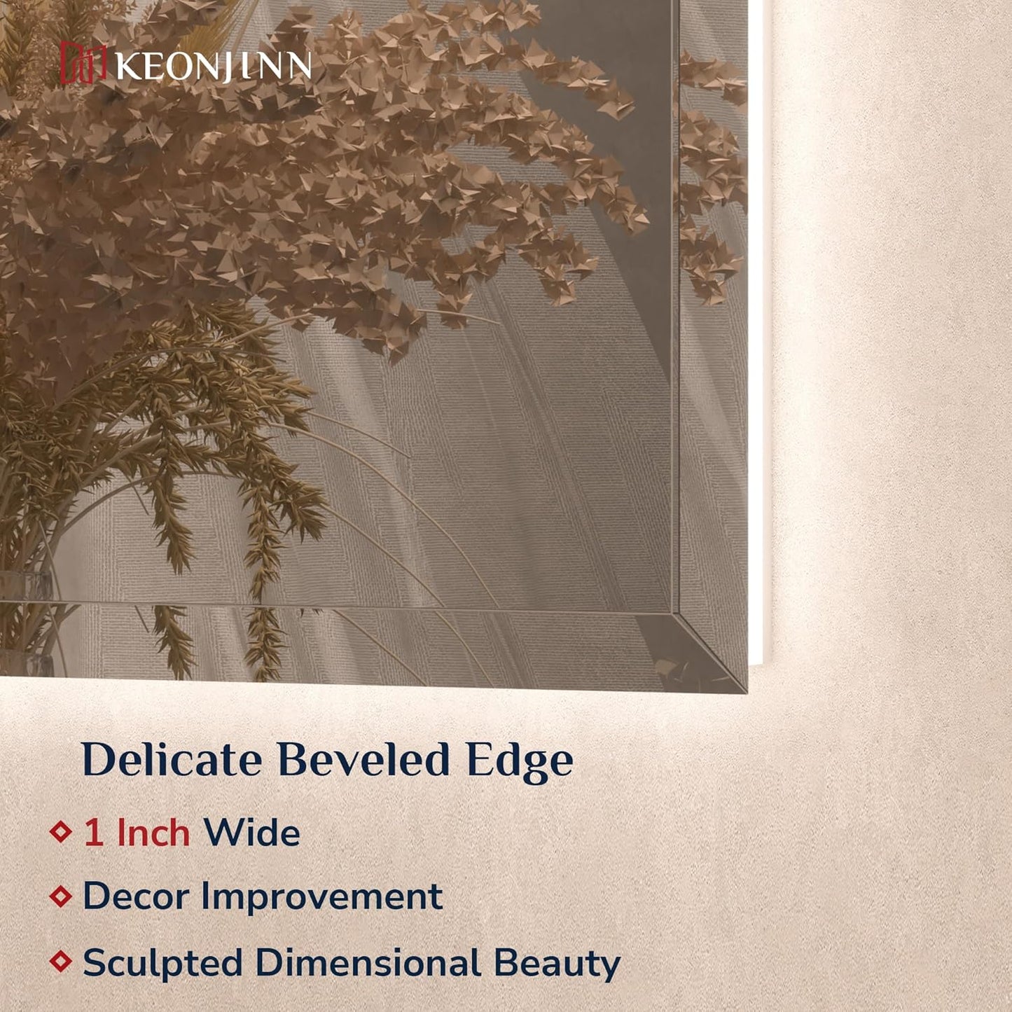 Keonjinn 24 x 36 in Backlit Mirror Bathroom, Beveled Frameless LED Mirror for Wall, Shatterproof Tempered Glass, UL-Listed, 3 Color Temperature, Defogger, Dimmable, Memory Function, Plug in/Hardwired