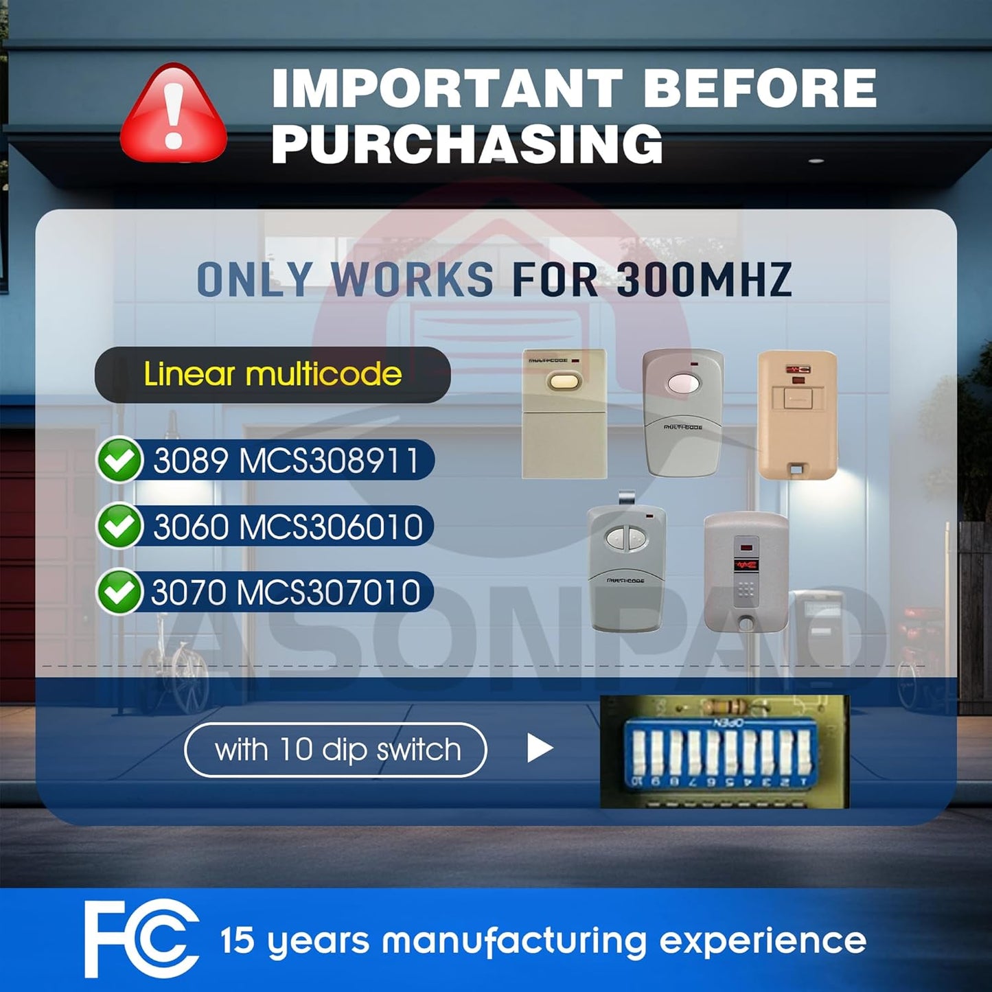 2 for Multi-Code 3089 MultiCode 308911 Linear MCS308911, 300MHZ 10 Dip Switch Gate Opener Remote (3-Year-Warranty)