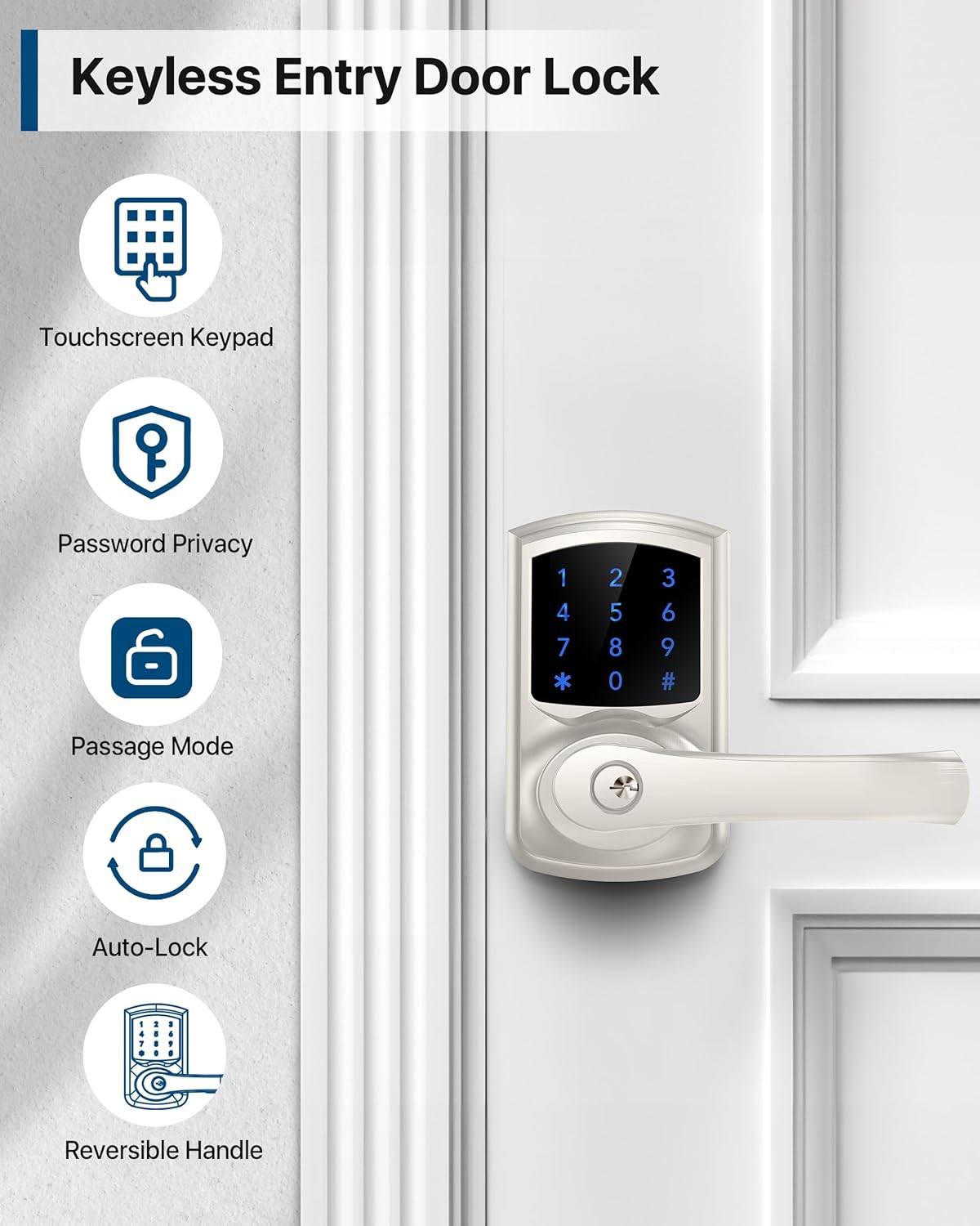 HIDALIFE Keyless Entry Door Lock, Keypad Door-Lock with Handle, Touchscreen, Auto-Locking, Anti-peep Password, Easy to Install for Front Doors, Home, Office, Satin Nickel 2 Pack