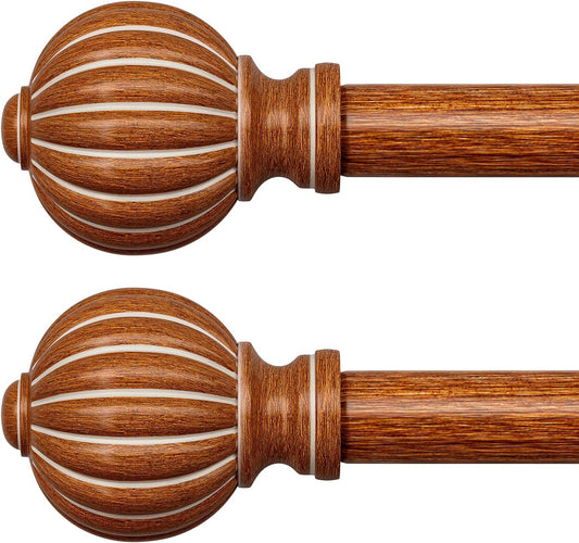 2 Pack Reddish-Brown Wood Curtain Rods for Windows 28 to 48 Inch, 1'' Adjustable Heavy Duty Curtain Rod，Vintage Imitation Wood Decorative Drapery Rods with Pumpkin Finials for Living Room
