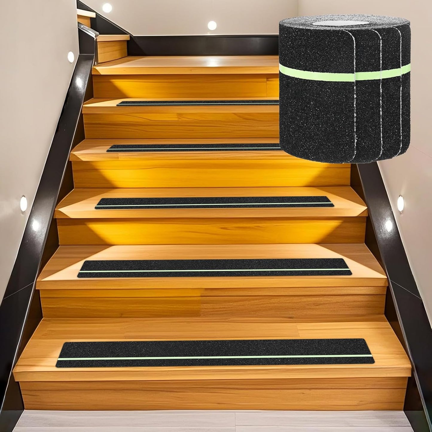 10-Pack Anti Slip Traction Tape 30" x 4" Best Grip Tape Grit with 6mm/0.24" Glow in Dark Stripe High Traction Friction Abrasive Adhesive for Indoor/Outdoor Stairs[Black+Green]