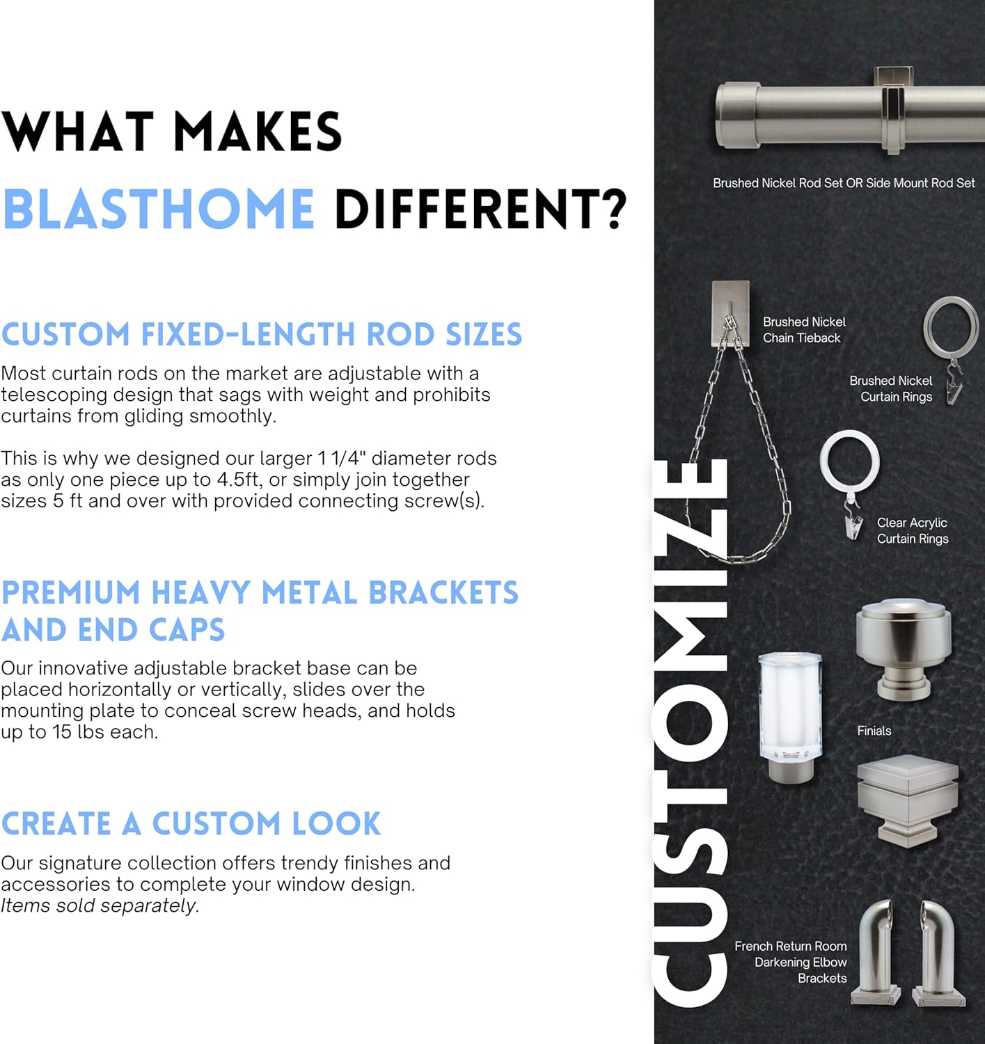 BlastHome® Non-Adjustable Luxury Curtain Rods for Windows, 1 ¼” Rod Set, 10 foot Fixed Length (Three Rods Connect for a Seamless Look), Brushed Nickel