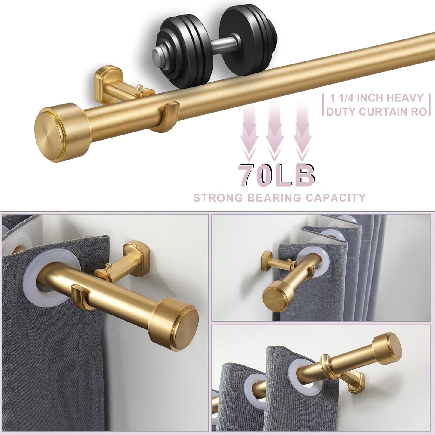 Heavy Duty Curtain Rods,1 1/4" Large Diameter Premium Nonadjustable Curtain Rod,42in/3.5ft Custom Window Treatment Rods with Durable Aluminum Brackets and End Caps,Gold Finish