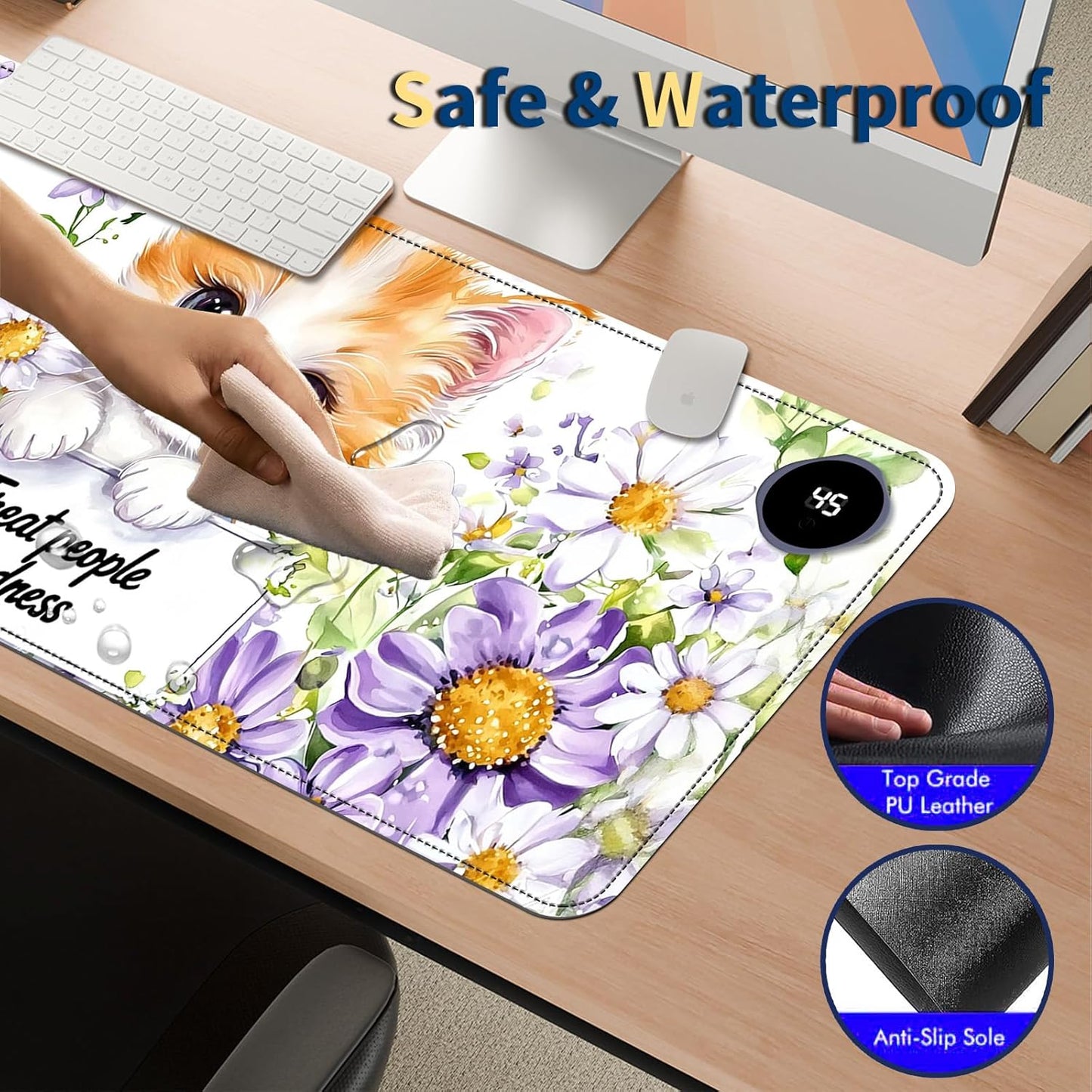 Heated Mouse Pad with 3 Temperature Settings(104°F–122°F),Large 31.5x13 Inch PU Leather Heated Desk Mat,Waterproof Warming Pad for Office,Gaming & Cold Hands Relief,Cute Cat Flower