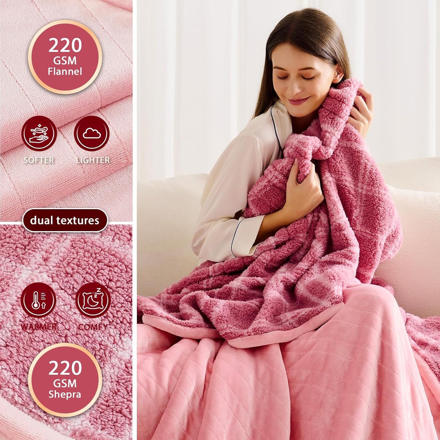 Heated Electric Blanket King Size - 100"x90" Flannel Heating Blanket with 10 Heating Levels & 5 Time Settings Over-Heat Protection, Winter Warmer for Adults with ETL Certification（Pink）