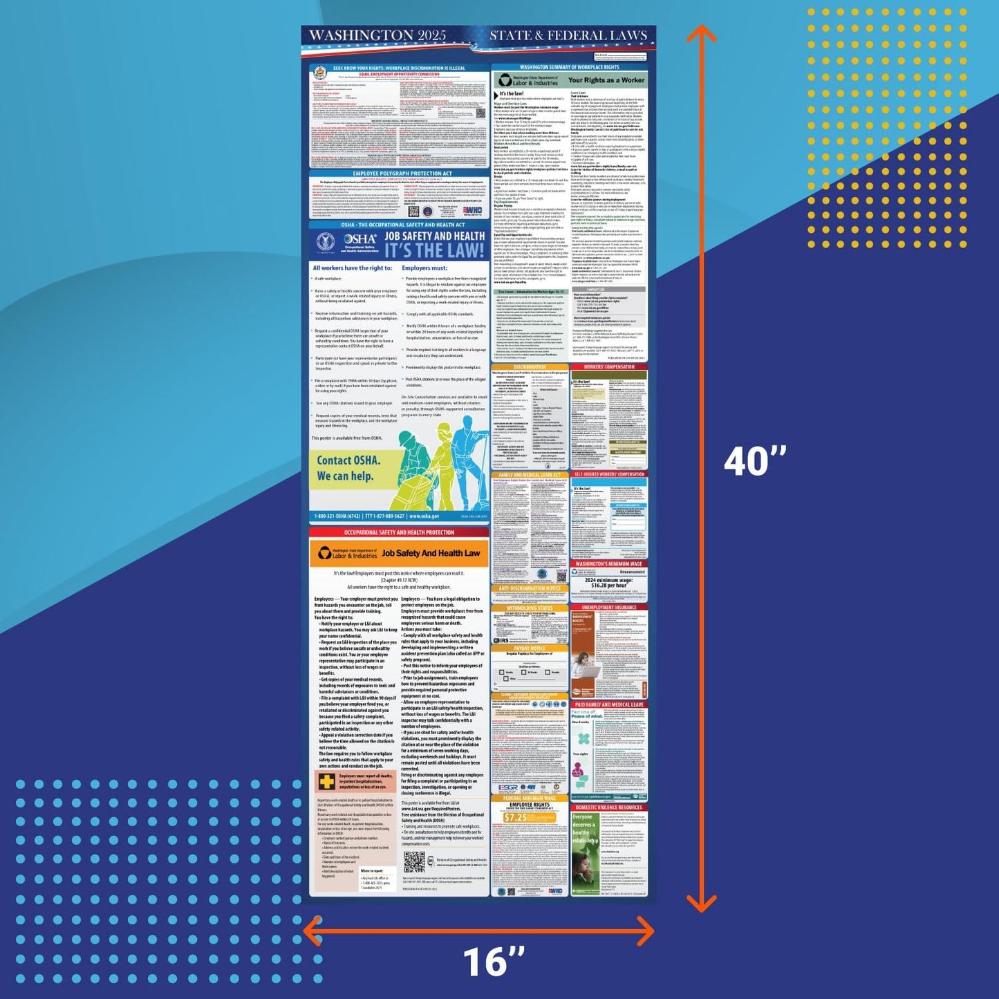 2025 Washington State and Federal Labor Law Poster - OSHA Workplace Compliant - Mandatory Regulations Posting for Employees - All-in-One Required Compliance Posting 16" x 40" - Laminated (English Poster)