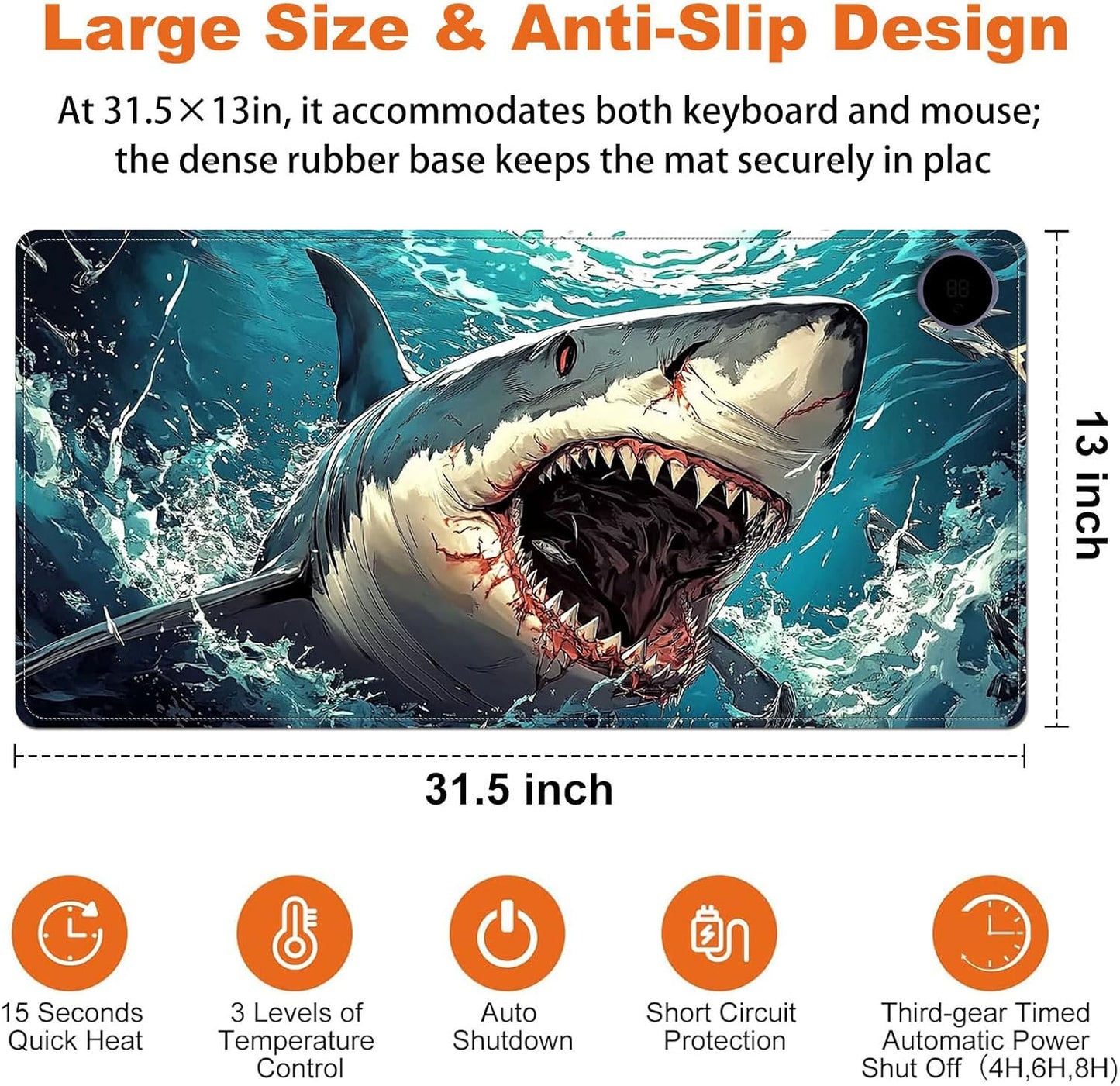 Heated Mouse Pad for Desk 31.5" x 13" – PU Leather Warm Desk Pad with 3 Heat Levels (104°F/113°F/122°F), Plug-in Electric Heating Mat with Auto Shut-Off, Waterproof & Rollable, Angry Shark