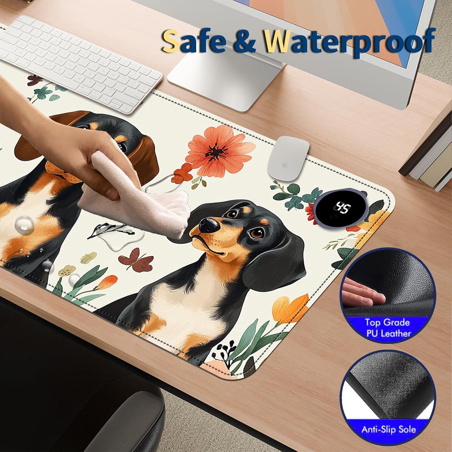 Heated Mouse Pad with 3 Temperature Settings(104°F–122°F),Large 31.5x13 Inch PU Leather Heated Desk Mat,Waterproof Warming Pad for Office,Gaming & Cold Hands Relief,Dogs and Flowers