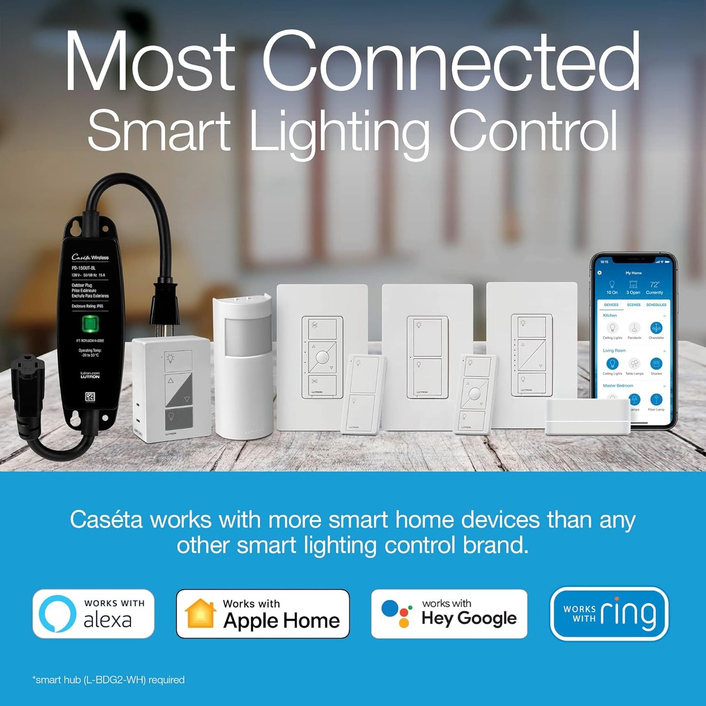 Lutron Caseta Original Smart Dimmer Switch (Lutron Smart Hub Required), for LED Lights, 150 Watt, Single-Pole/3-Way, No Neutral Required, PD-6WCL-WH, White, 5 Pack