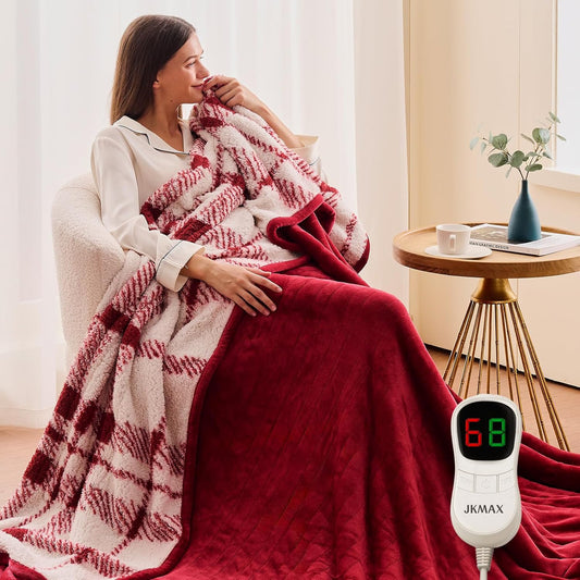 Heated Electric Blanket Throw Size - 50"x60" Flannel Heating Blanket with 10 Heating Levels & 5 Time Settings Over-Heat Protection, Winter Warmer for Adults with ETL Certification（Red）