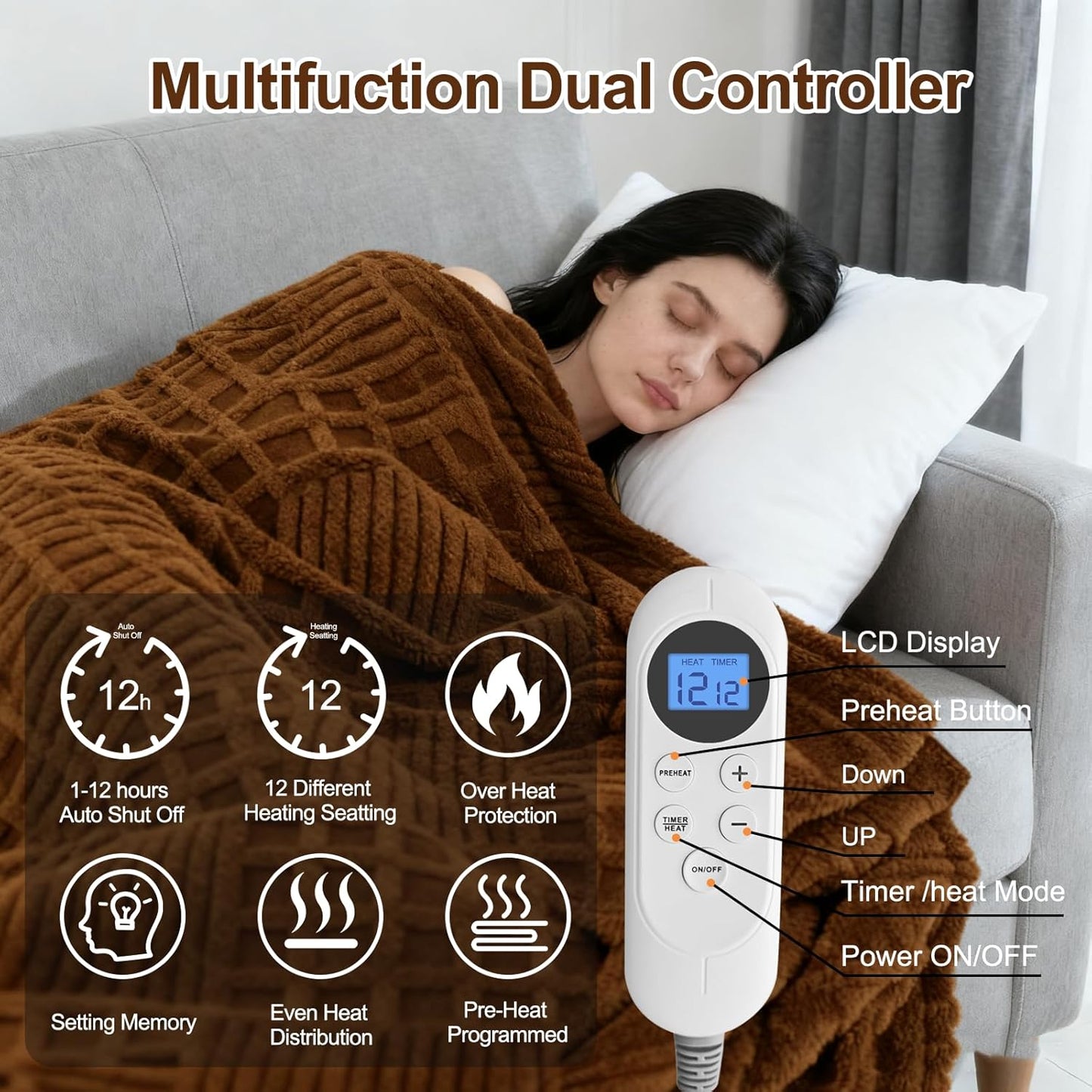 Heated Blanket Electric King,Waffle Heating Blanket with 12 Heat Levels, Fast Heating Blanket with 1-12H Timer Settings, Overheat Protection with ETL & FCC for Home Office Sofa-90"x100"