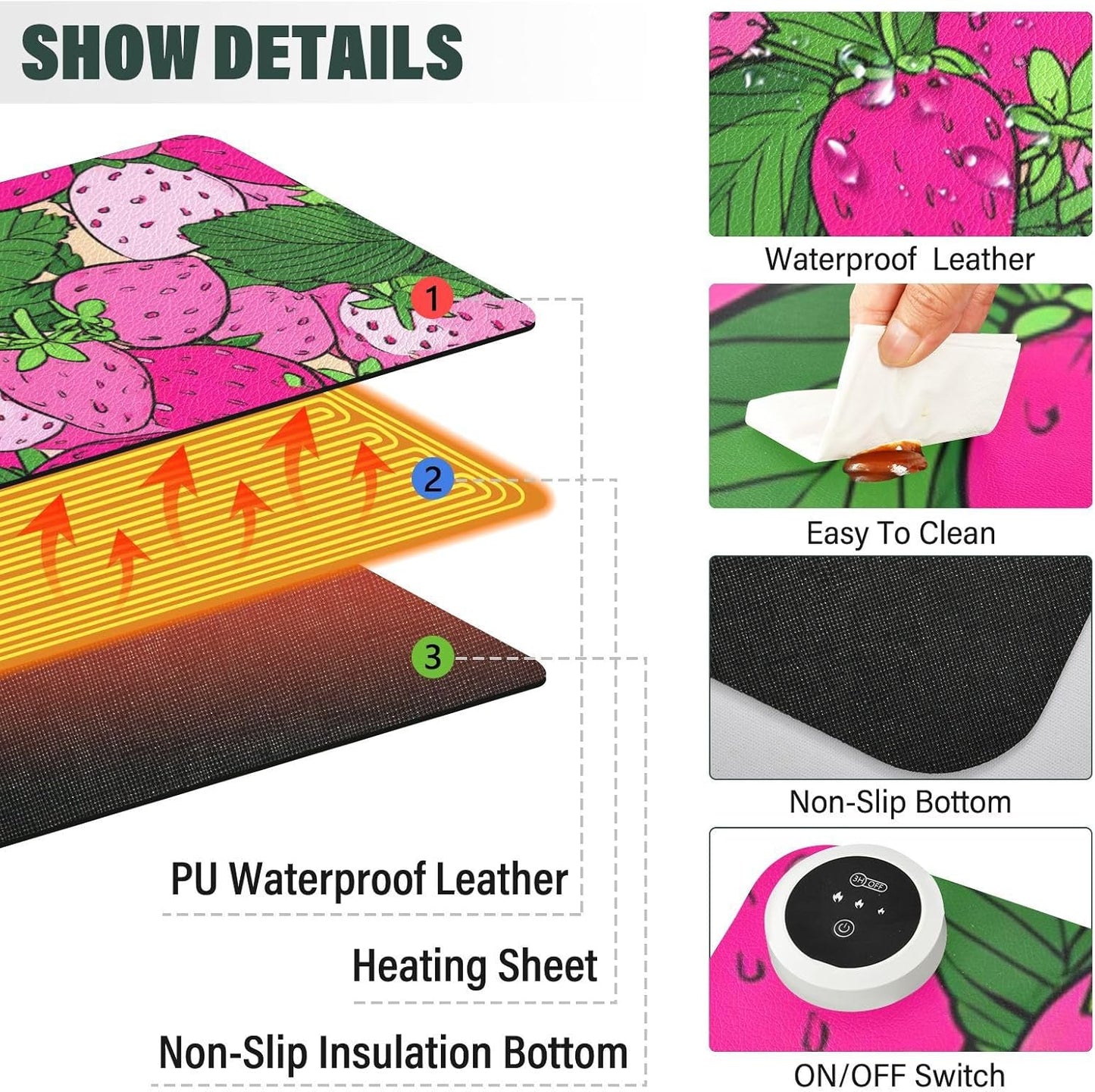 Heated Desk Pad Mouse Pad 31.5x13 Inch PU Leather Desk Mat with 3 Heat Levels Large Mouse Gaming Computer Laptop Mat Pink Cute Strawberries