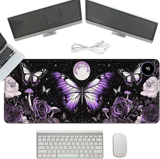 Heated Mouse Pad with 3 Temperature Settings(104°F–122°F),Large 31.5x13 Inch PU Leather Heated Desk Mat,Waterproof Warming Pad for Office,Gaming & Cold Hands Relief,Purple Butterfly Flower