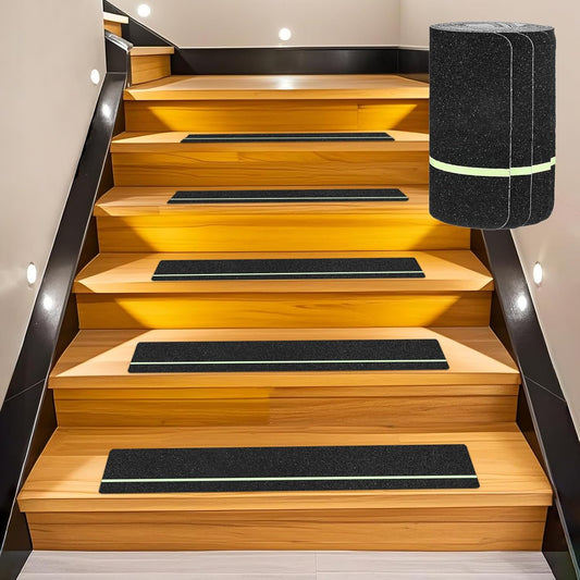 10-Pack Anti Slip Traction Tape 24" x 6" Best Grip Tape Grit with 6mm/0.24" Glow in Dark Stripe High Traction Friction Abrasive Adhesive for Indoor/Outdoor Stairs[Black+Green]