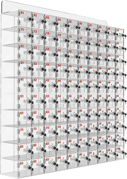 100 A Slots Cell Phone Locker Box, Clear Phone Storage, Acrylic Cell Phone Lock Box with Door Locks and Keys, Wall Mounted Cell Phones Cabinet for Office School Classroom Factory