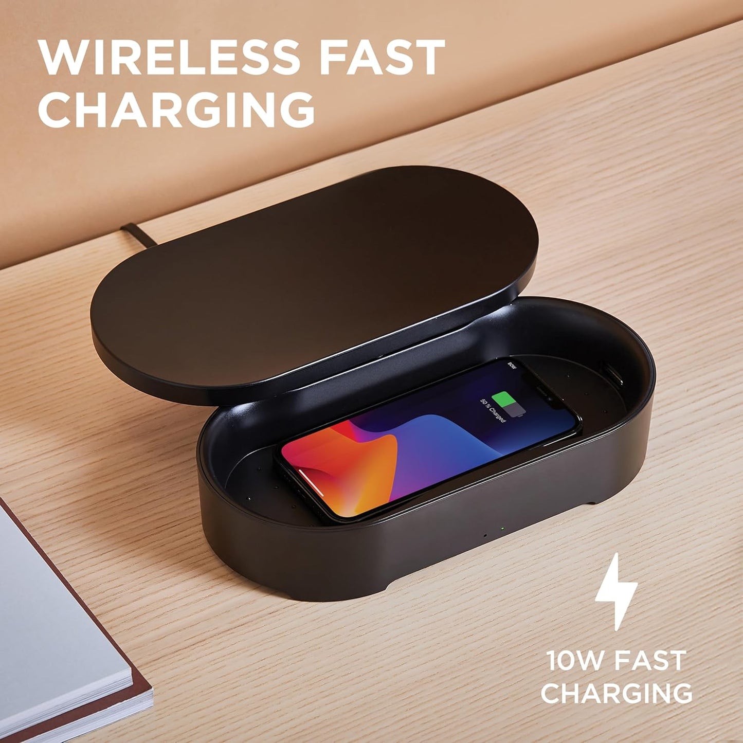 Lexon UV Phone Sanitizer Machine & Wireless Charger - OBLIO Box QI Fast Charging and 360° UV-C Light Cellphone Cleaner, Glasses, Keys, Makeup Brush, Tools, All That Fits in - Black
