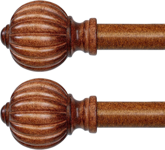 2 Pack Dark Brown Wood Curtain Rods for Windows 48 to 84 Inch, 1'' Adjustable Heavy Duty Curtain Rod，Vintage Imitation Wood Decorative Drapery Rods with Pumpkin Finials for Bedroom Living Room