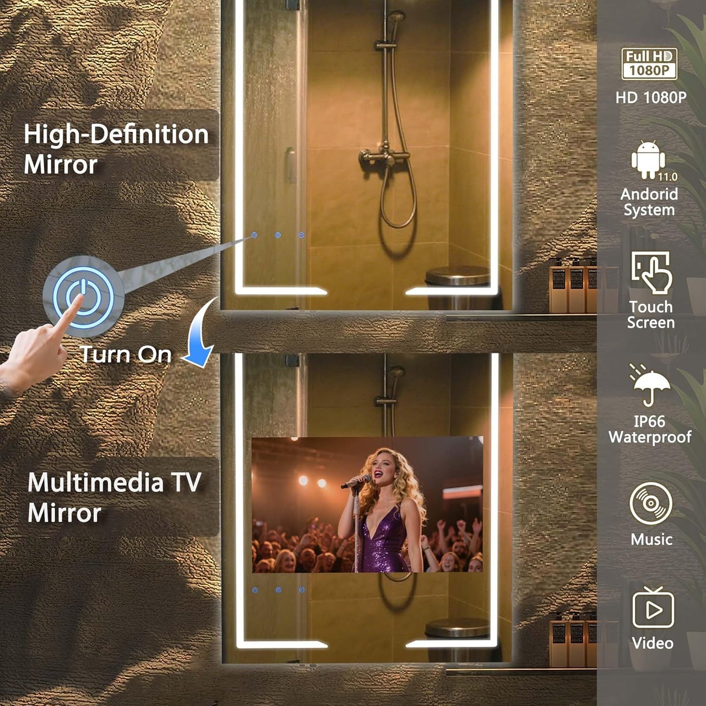 24x32 Inch Bathroom TV, Smart Vanity Mirror with 21.5'' Touch-Screen TV, IP66 Waterproof Defogging Mirror TV with 3 Color LED Light HDMI Android System for Bathroom Hotel Hair Salon (2025)