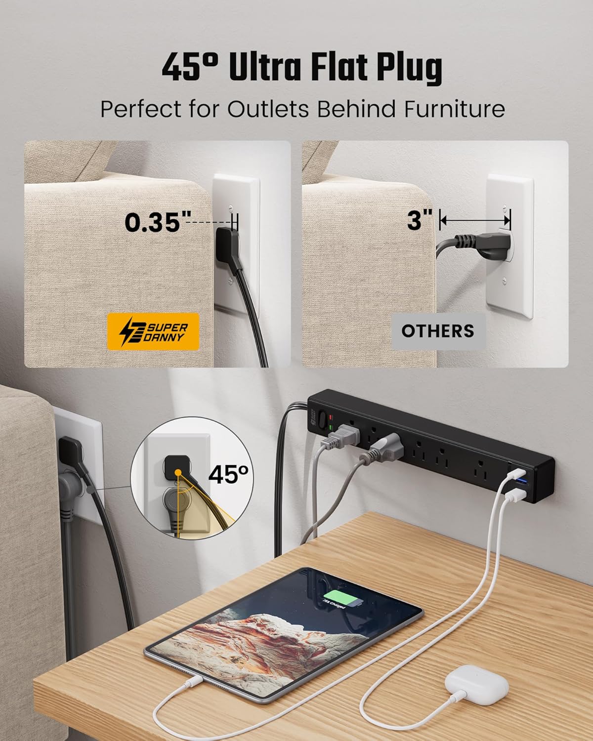 15Ft Long Extension Cord, SUPERDANNY Flat Plug Surge Protector Power Strip, 6 Outlets & 3 USB Ports, Desk Charging Station for Home Office, College Dorm Room Essentials