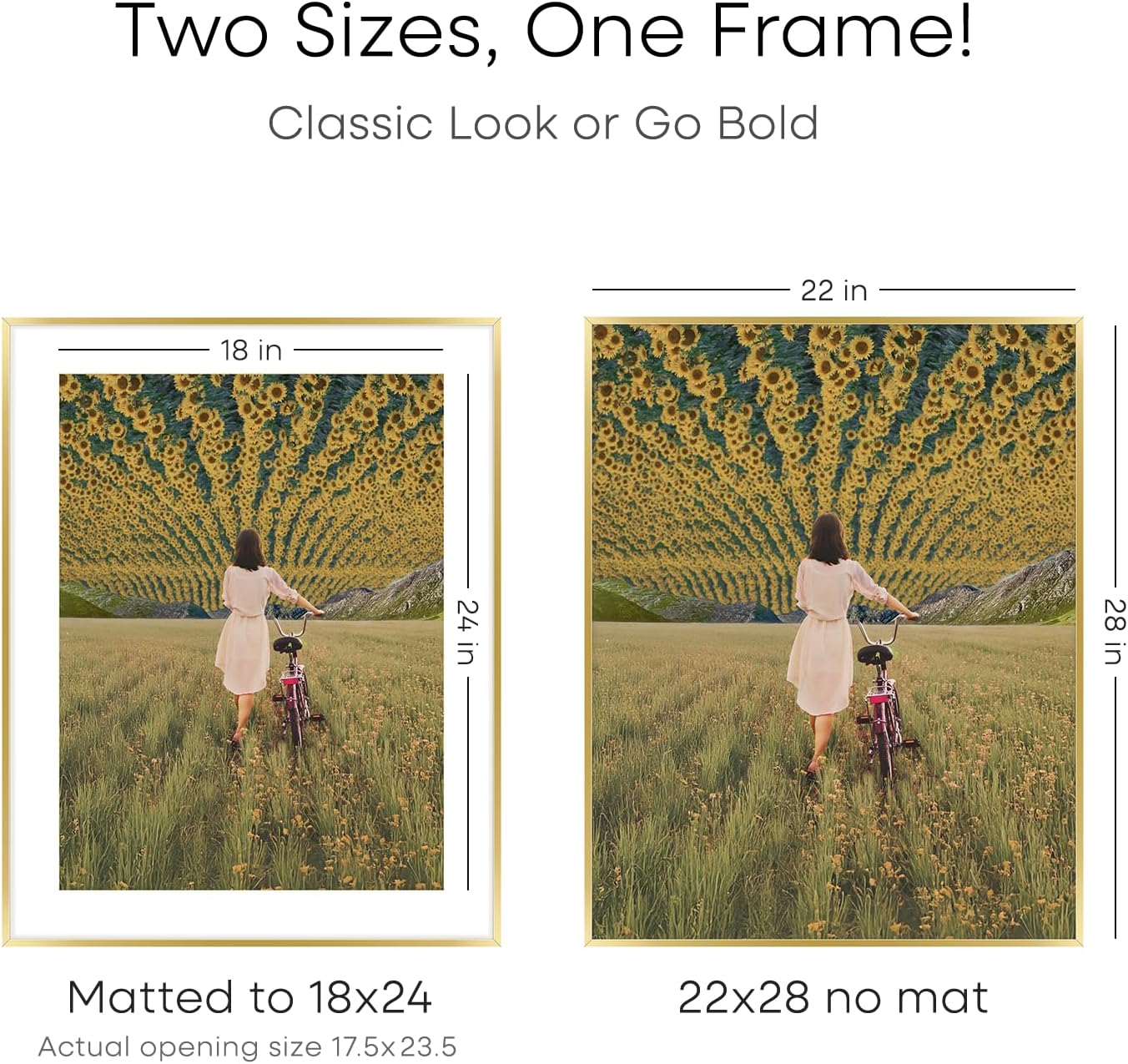 Homeforia 22x28 Picture Frame Gold, High End Metal 22 x 28 Large Poster Frames with Mat 18 by 24 for Photo, 22x28 Gold Frame Matted to 18x24 inch Print, 28x22 Frame, Tempered Glass, Wall Kit, Set of 2