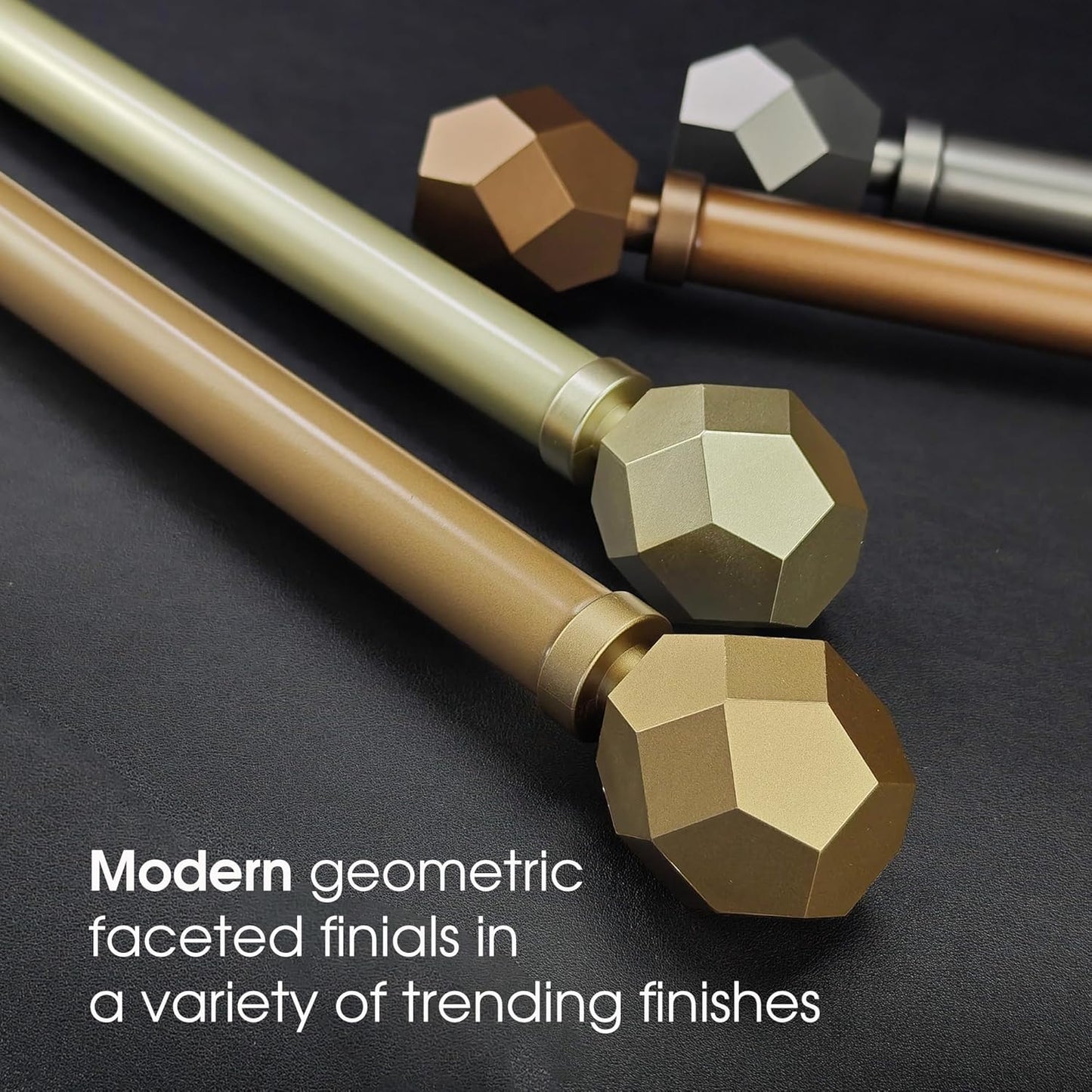 1-1/8 Inch Diameter Champagne Gold Curtain Rod with Geometric Faceted Finials, 36-72'' Telescoping Single Curtain Rods for window width 24-68 inch, 1 pack