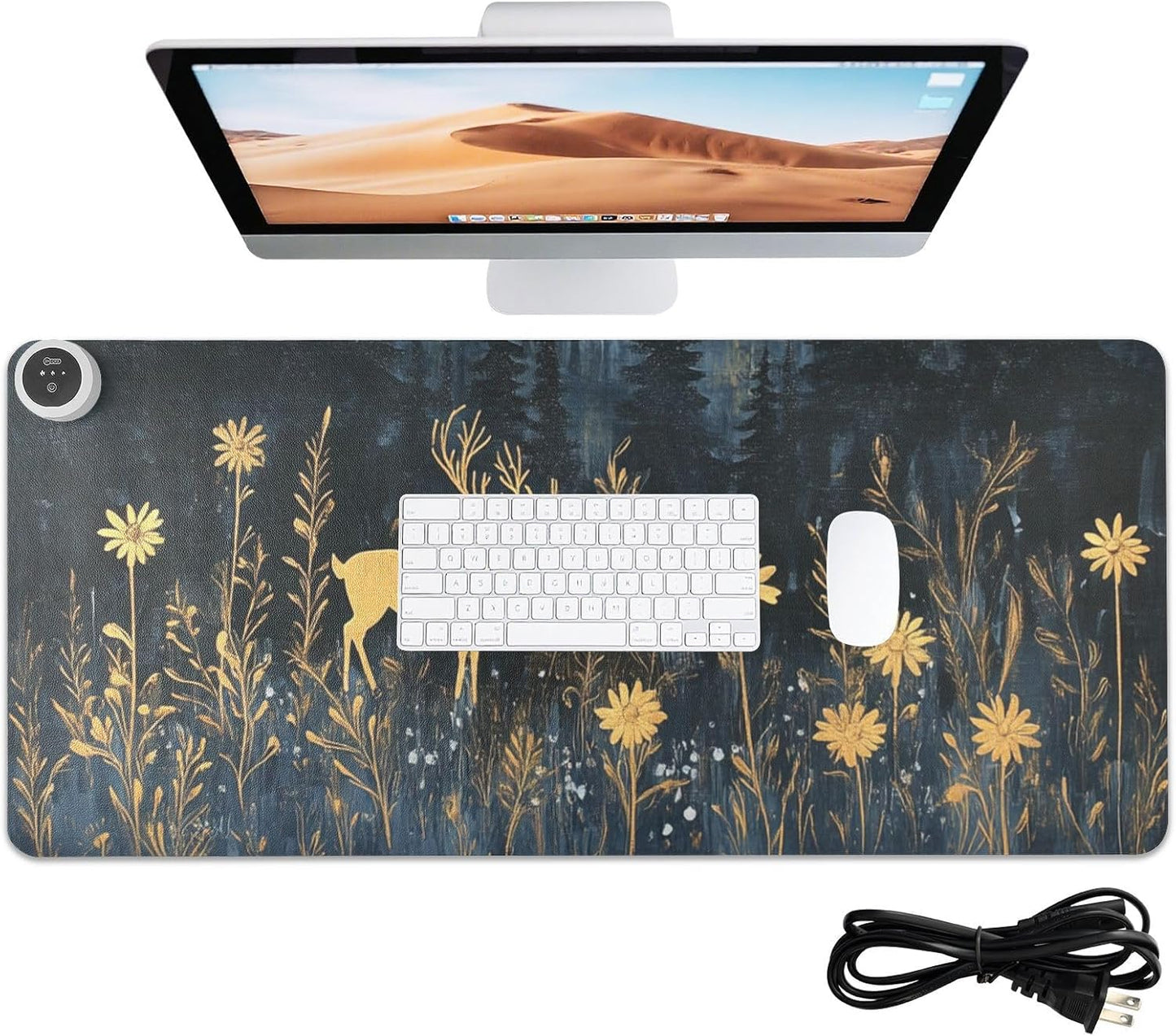 Heated Desk Pad Mouse Pad 31.5x13 Inch PU Leather Desk Mat with 3 Heat Levels Large Mouse Gaming Computer Laptop Mat Deer Blue Hat Flowers Black