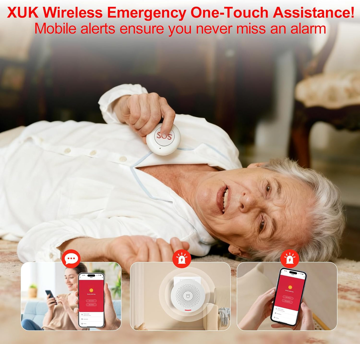 XUK WiFi SOS Caregiver Pager Call Button for Elderly, No Monthly Fee 2.4GHz Wi-Fi APP Control Wireless Nursing Call System with 2 SOS Call Panic Button & 1 Receiver Life Alert Systems for Seniors