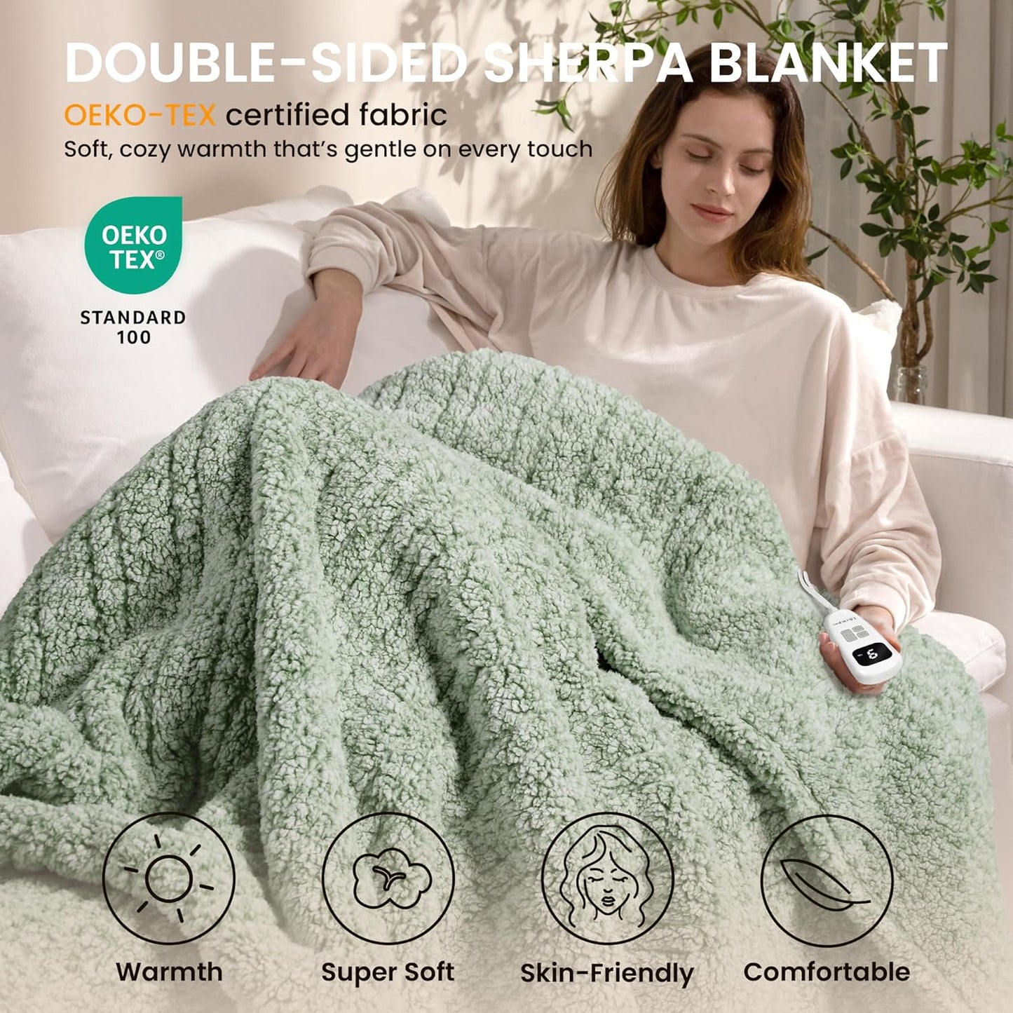 Heated Blanket Electric Blanket Twin - Fast Heating Blanket Throw Double Sided Sherpa Ultra Soft Cozy with 10 Heating Levels & 2-10 Hours Auto Off, Mashine Washable, 62 x 84 Inches, Sage