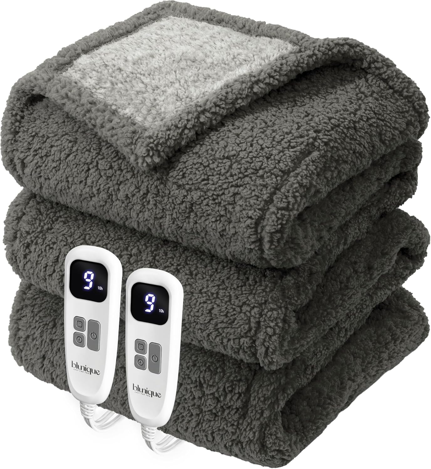 Heated Blanket Electric Blanket King - Fast Heating Blanket Throw Dual Control Double Sided Sherpa with 10 Heating Levels & 2-10 Hours Auto Off, Mashine Washable, 90 x 100 Inches, Grey