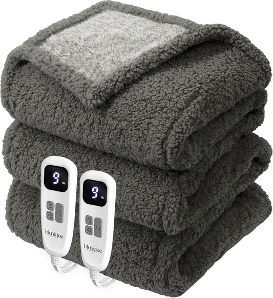 Heated Blanket Electric Blanket King - Fast Heating Blanket Throw Dual Control Double Sided Sherpa with 10 Heating Levels & 2-10 Hours Auto Off, Mashine Washable, 90 x 100 Inches, Grey