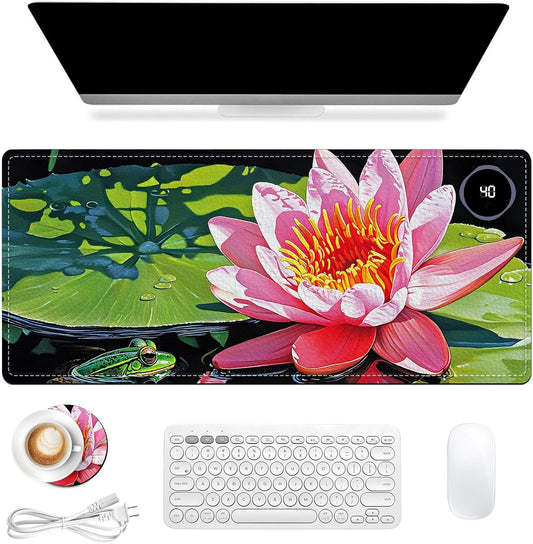 Heated Mouse Pad, Warm Desk Pad, Keyboard Mat 31.5 x 13 Inch Large Size Intelligent Fast Heating, 3 Speed Adjustable, Timed Auto Power Off for Game Office Home,Lotus Flower
