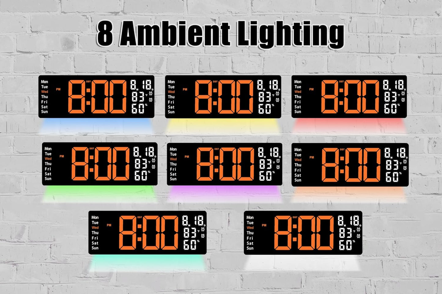 17.5 Inch Orange LED Digital Wall Clock with 8 Ambient Light Colors｜Displays Time,Date,Day,Temperature&Humidity,Dual Alarms,Countdown&Stopwatch,DST,10-Level Auto/Manual Brightness｜Modern Silent Clock