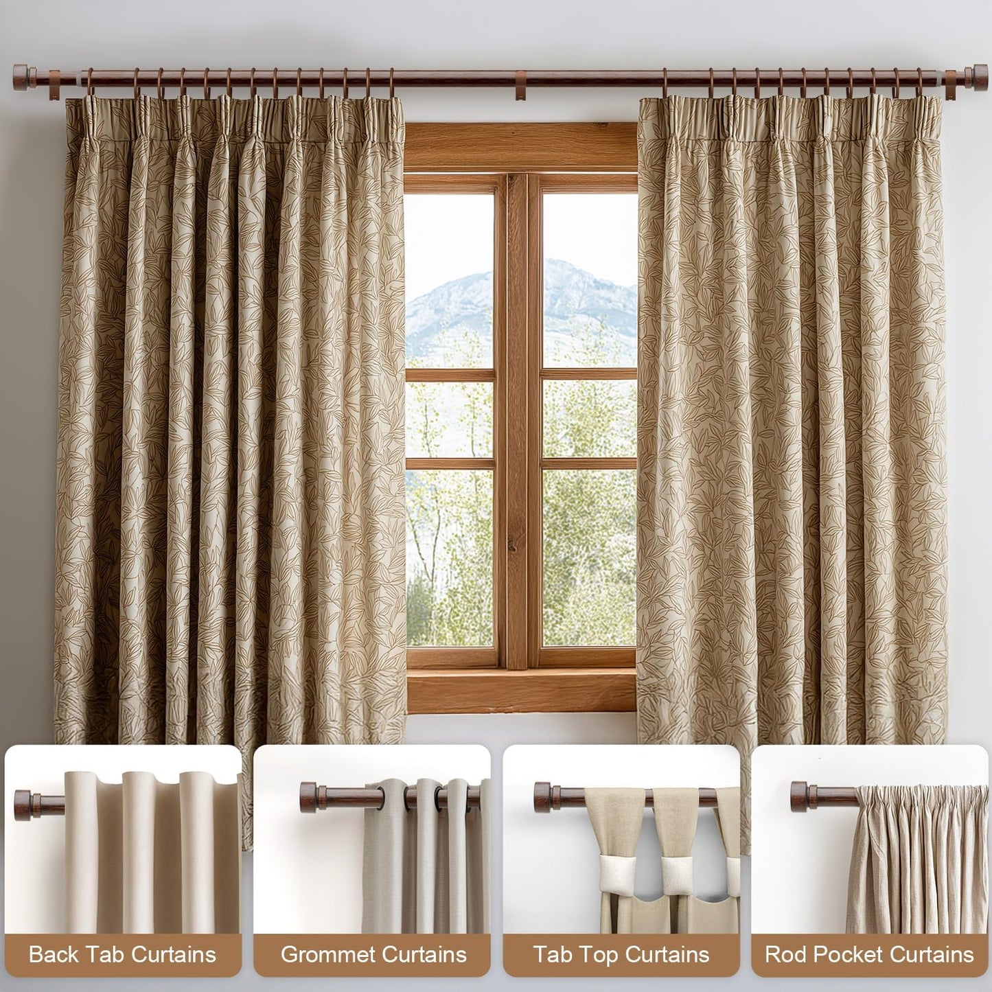 2 Pack Antique Redwood Grain Curtain Rods for Windows 66 to 120 Inches 1" Diameter Heavy Duty Window Curtain Rod Adjustable with Solid Finials for Living Room Bedroom Kitchen Farmhouse Outdoor