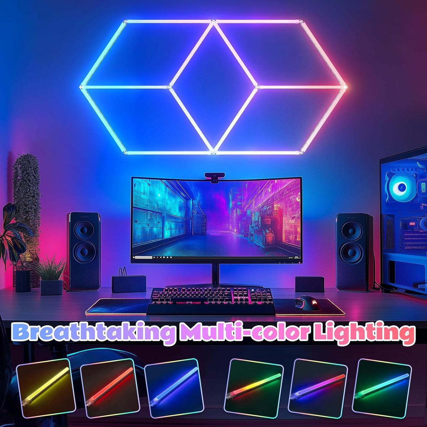 Hexagon Garage Lights RGB - Multicolor LED with Dimming,Speed Control, Perfect for Gaming Setups, Home Bars, Music Studios, DIY Home Gym Lighting