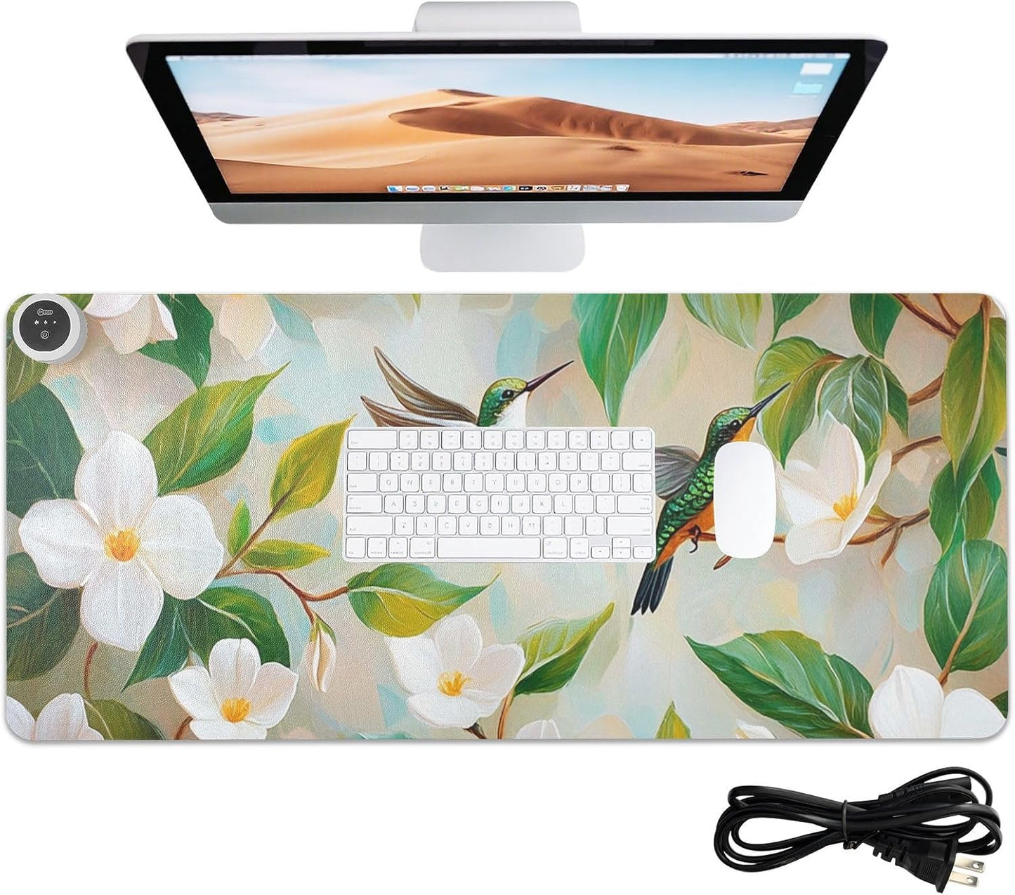 Heated Desk Pad Mouse Pad 31.5x13 Inch PU Leather Desk Mat with 3 Heat Levels Large Mouse Gaming Computer Laptop Mat Jasmine Flowers Green Leaves and Hummingbird