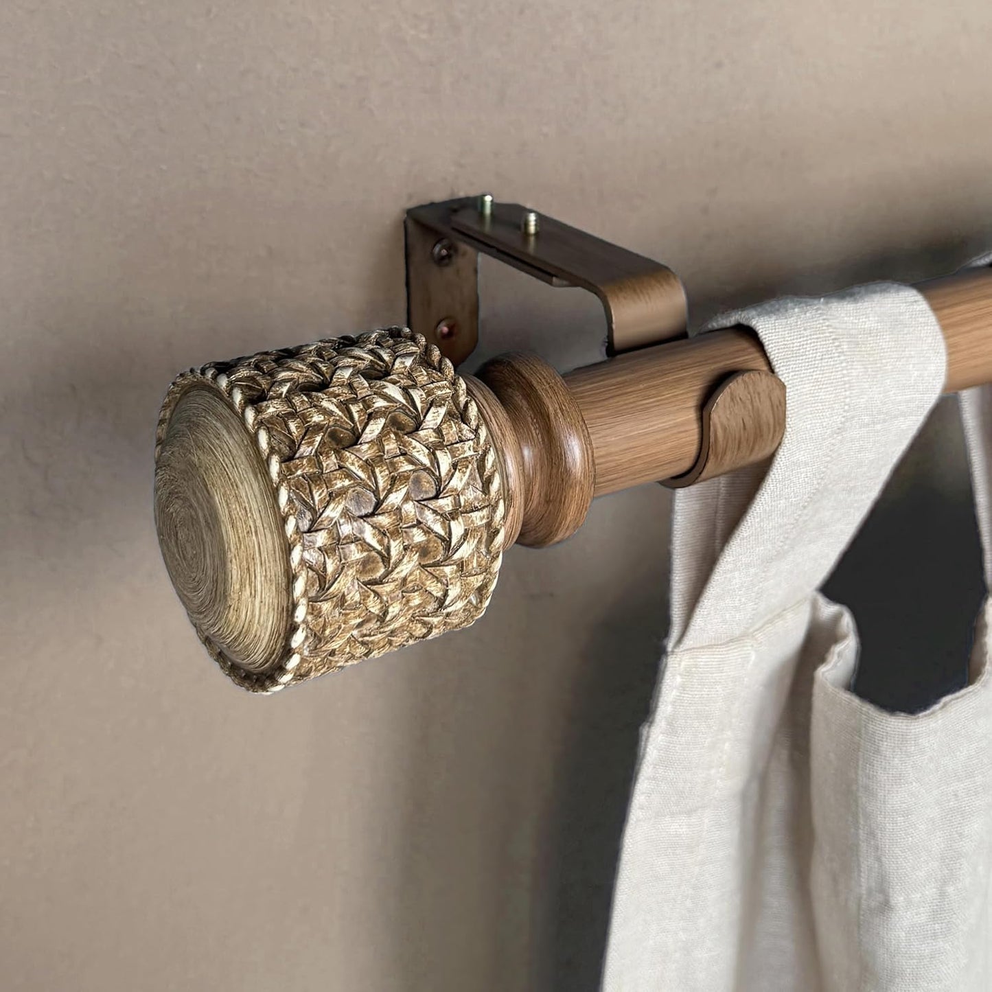 1-1/8 Inch Diameter Faux Wood Curtain Rods with Faux Rattan Cane Woven Finials, 36-72'' Telescoping Single Curtain Rods for window width 24-68 inch, 1 pack