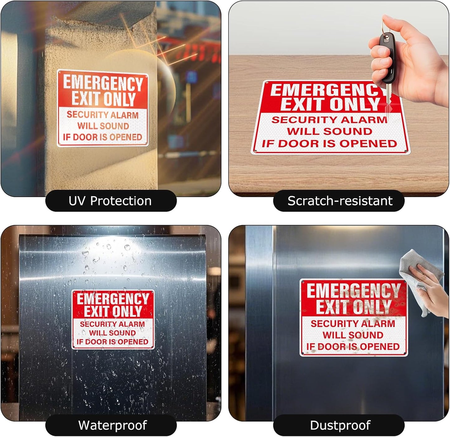 2 Pack Emergency Exit Only - Security Alarm Will Sound If Door Is Opened Sign 10 × 7 Inches Reflective Waterproof Aluminum Safety Signage with Pre-Drilled Holes for Workplace Warehouse