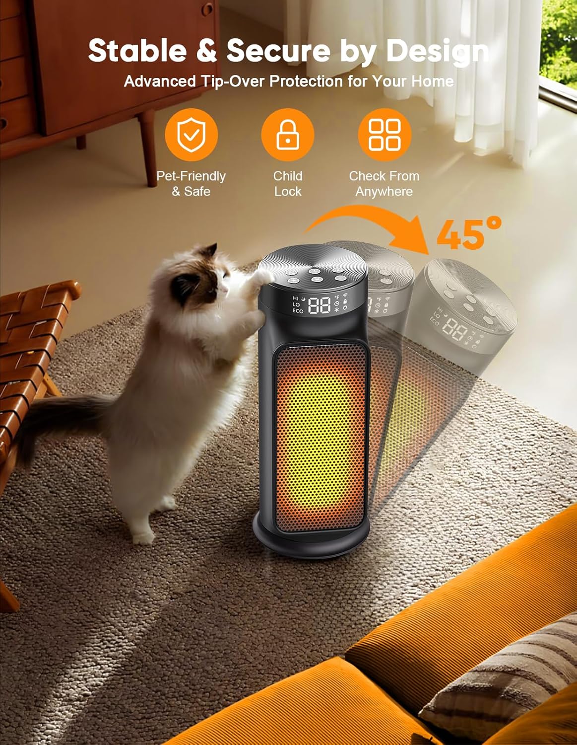 1500W PTC Space Heater with Remote Control, Portable Electric Heaters for Indoor Use, Ceramic Heater for Office, 75°Oscillation, 24H Timer, 5 Modes, Safe Quiet Room Heater for Bedroom