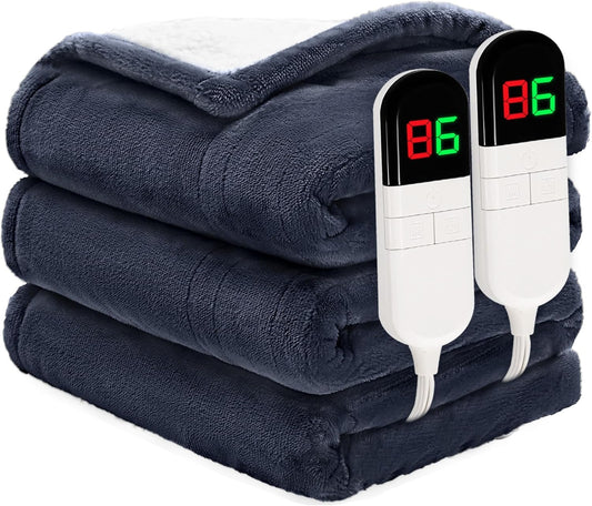 Heated Blanket King 90"×100" - Premium Cosy Soft Electric Blanket with 6 Heating Levels,Dual Control Fast Heating Flannel Sherpa Blanket for Bed & Couch,Auto Shut Off/Machine Washable (Navy Blue)