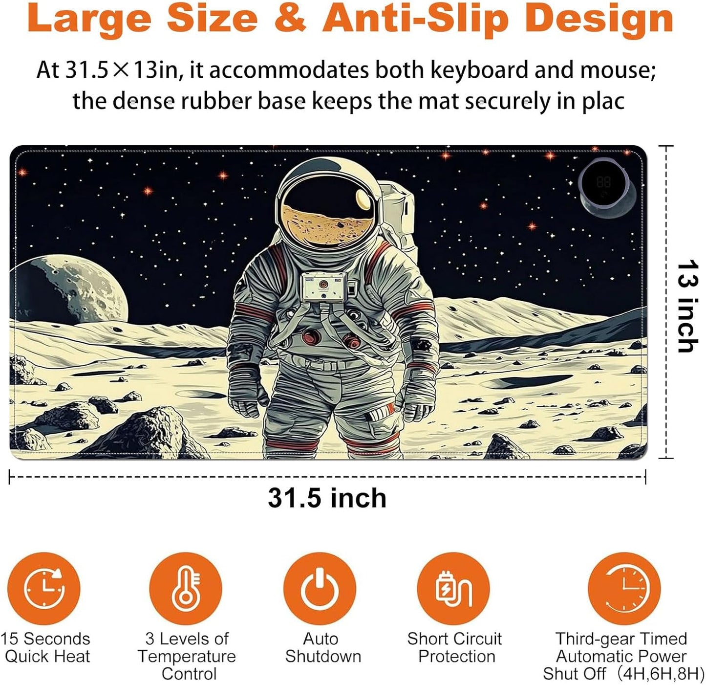 Heated Mouse Pad for Desk 31.5" x 13" – PU Leather Warm Desk Pad with 3 Heat Levels (104°F/113°F/122°F), Plug-in Electric Heating Mat with Auto Shut-Off, Waterproof & Rollable, Astronaut on Moon
